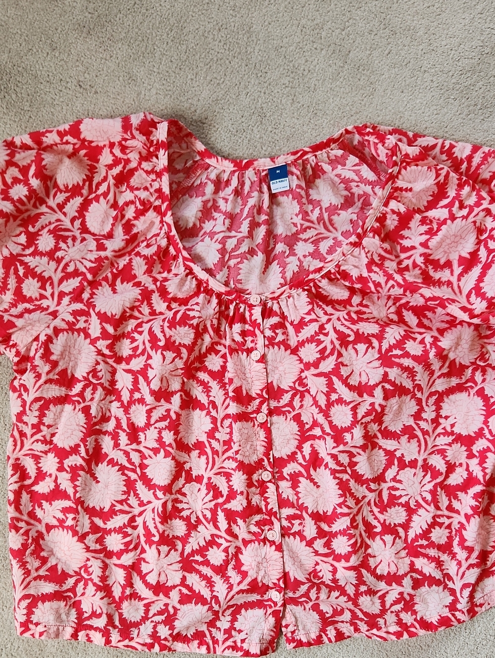 Flowered Airy Button-Down Top Cropped shirt Short Sleeve Women's - Medium